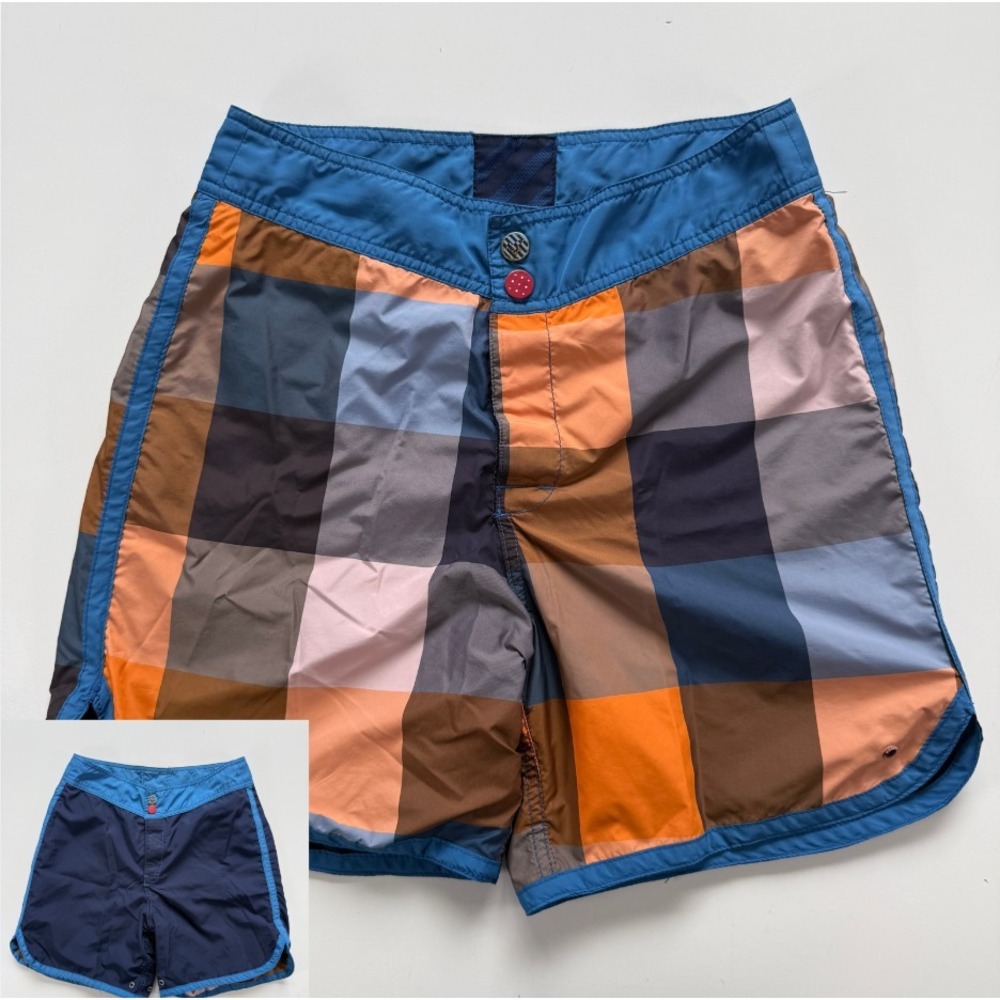 MODERN AMUSEMENT Reversible 5.5" Board Shorts Mens 28 Plaid‎ Orange/Blue Shorts